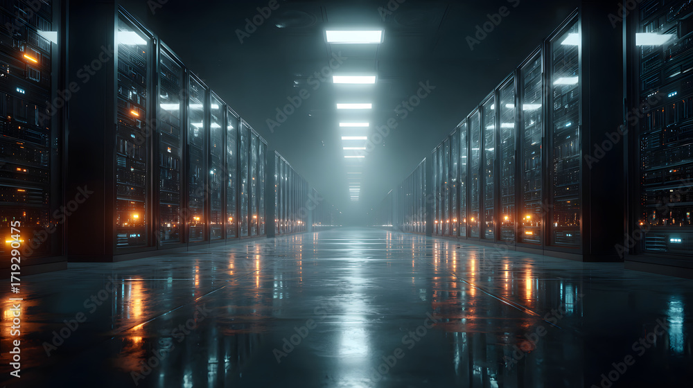 Poster cinematic data center full of server racks, server networking room or server center providing cloud 