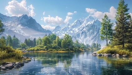 Fototapeta premium Serene mountain lake reflecting snow-capped peaks under a bright, partly cloudy sky. Lush greenery lines the calm water's edge