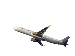 Commercial airplane flying up on transparent background