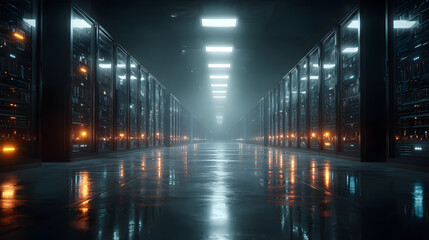 Cinematic Data center full of Server Racks, Server Networking room or Server center providing cloud storage facility and controlled and secure environment for hosting or Storage devices, generative ai