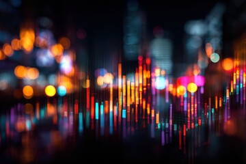 Abstract bokeh lights and glowing financial stock market chart at night