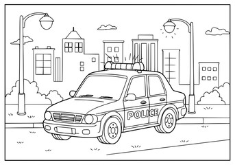 Engaging police car illustration for children's coloring books and educational resources, a fun design showing law enforcement in a friendly city scene