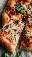Close-up of hot cheesy pizza slices with bubbling golden mozzarella being pulled apart