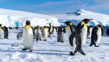 Obraz premium A colony of emperor penguins walking on snow-covered ground with icebergs in the background