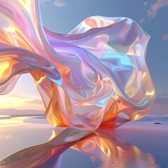 Iridescent fabric flows, reflecting sunset