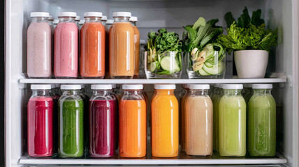 Colorful smoothie bottles and fresh greens neatly arranged in fridge, promoting healthy lifestyle