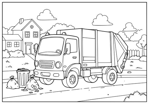Engaging garbage truck outline illustration, perfect for educational resources, coloring books, or waste management awareness campaigns, a fun learning tool