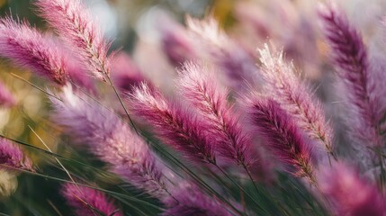 Close-up of soft pink pampas grass swaying in the wind with warm sunlight and dreamy bokeh