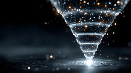 Big data technology and information funnel concept. Large digital funnel with online data as process of data collection, analysis, and transformation into useful information. Modern, digital style.