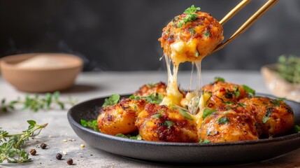 Baked cheesy potato balls with herbs, golden crust and melting mozzarella, served on dark plate