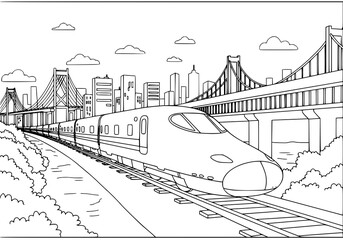Fototapeta premium Modern bullet train speeds through a vibrant city, bridging innovation and travel, ideal for coloring books, travel brochures, and educational content.