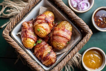Golden roasted potatoes wrapped in bacon served in rustic basket with dipping sauces