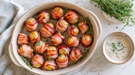 Crispy baby potatoes wrapped in bacon with herbs and creamy dip on marble background