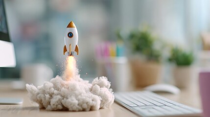 Miniature rocket launching from desk with smoke and fire, symbolizing startup or creative innovation