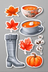 Autumn-themed sticker set with pumpkin, maple leaves, boots, cotton branches and cups of soup on gray background