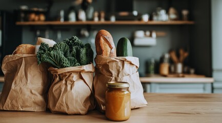 Paper grocery bags filled with fresh vegetables and bread on kitchen table with jar of honey