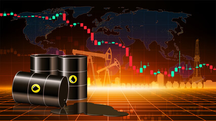 Chart of falling oil prices per barrel. Crude oil barrels on dark abstract desert background. Analysis fall of global energy markets. World market review. Investment strategies. Vector illustration