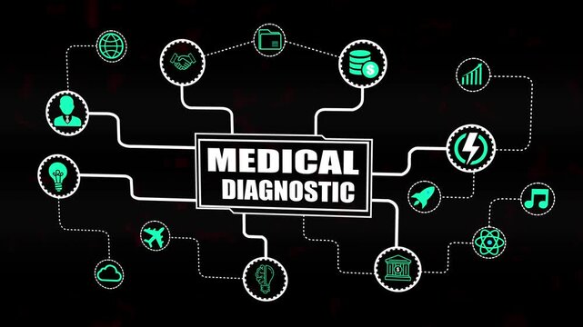 Medical Diagnosis Network Diagram with Icons and Text on Dark Background healthcare technology