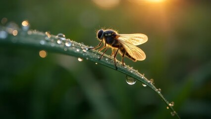 朝露に濡れた葉にとまるハナアブの朝日