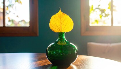 Sunlit leaf rests atop a rounded green glass vase on a wooden table near windows, against a teal wall, creating a serene still life scene