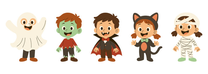 Vector children in Halloween costumes. Cute vector illustration of kids dressed as ghost, zombie, vampire, cat and mummy for Trick or Treat party.