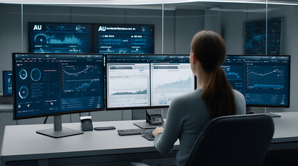 A professional works at a multi-monitor workstation displaying data analytics and monitoring dashboards in a modern office environment.