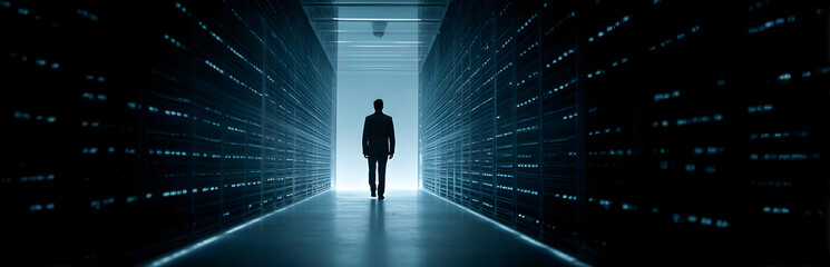Cybersecurity expert silhouette standing in secure business server room. Data center specialist controls information network, assessing threat detection, protection, vulnerability. Man in suit
