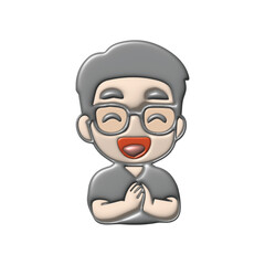 Joyful cartoon character with closed eyes and an open mouth, hands pressed together in a gesture of gratitude or prayer, embracing a positive and happy emotion