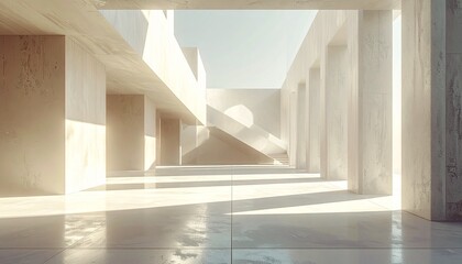 Minimalist architectural interior bathed in natural sunlight, showcasing geometric forms and shadows