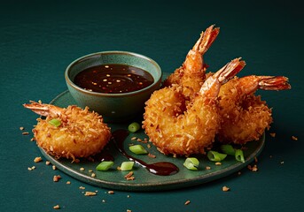 Crispy Coconut Shrimp with Dipping Sauce on Bright Yellow Background 