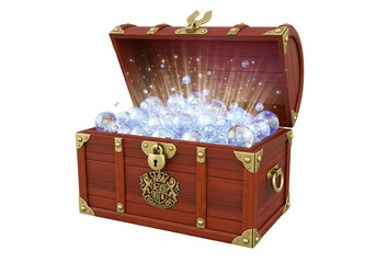 A wooden treasure chest, brimming with luminous bubbles, bursts forth with radiant light against a striking black backdrop.