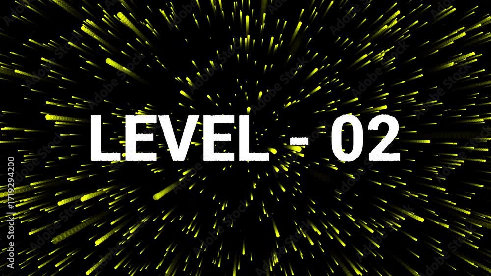 Aufkleber animation of level two text with dynamic yellow light streaks on black background. 4k text animated 