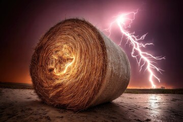 Huge hay bale in a dramatic storm