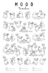 Halloween mood tracker with cute ghosts on a clean background. Fun Halloween mood tracker with cute ghosts, pumpkins, balloons and candy. Perfect for planners, diaries and coloring enthusiasts. Vector