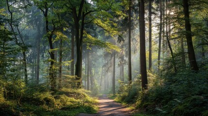 Fototapeta premium Forest Trail: A scenic path winding through a sun-dappled forest. The photograph invites viewers to experience the serenity of the natural world.