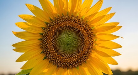 Naklejka premium A close-up of a large, vibrant yellow sunflower in full bloom against a clear, pale blue sky.