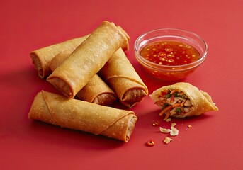 Crispy Spring Rolls with Sweet Chili Sauce on Studio Beige Background 