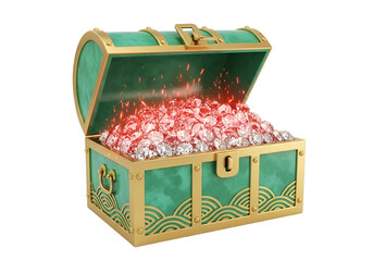 A jade treasure chest overflows with sparkling diamonds, illuminated by a radiant glow.