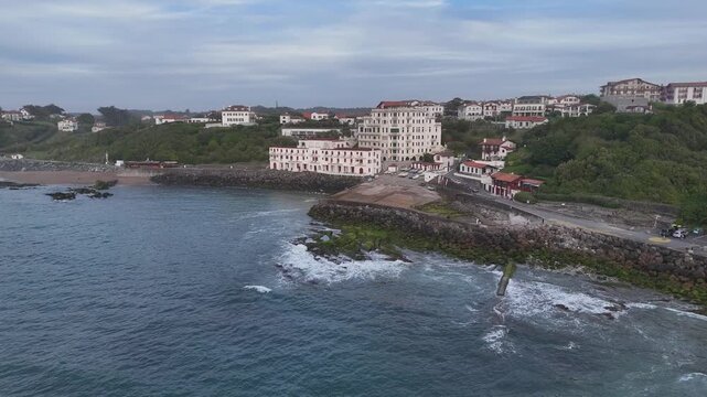 Aerial view of Getaria village at the North Basque Country bathed by the Atlantic Ocean