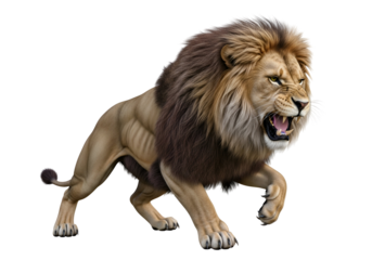 A powerful lion displays its raw strength and ferocity against a stark black background.