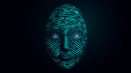 Digital face composed of glowing blue lines and dots, resembling a futuristic biometric scan with red eyes against a dark background