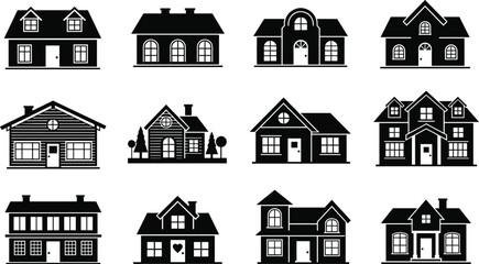 Fototapeta premium House silhouette icons, black architectural shapes, residential building designs, vector home symbols, roof styles, urban housing, minimal illustration set
