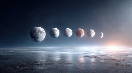 Moon Phases Cycle Illustration Floating Above Reflective Surface Against Dark Background Symbolic Representation Lunar Cycle Natural Satellite Astronomical Phenomenon