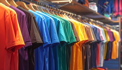Colorful t-shirts on hangers