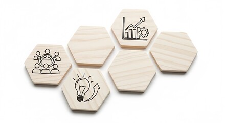 Wooden hexagon blocks with teamwork and innovation icons isolated on white