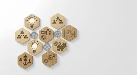 Minimalist wooden hexagon blocks with business and idea icons on white