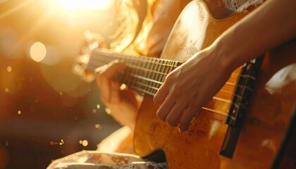 Close-up of two people playing acoustic guitars in warm, golden hour sunlight, with bokeh effects