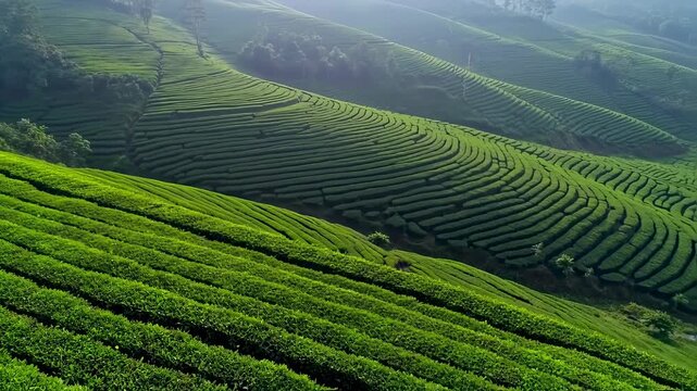 Lush green tea plantations on terraced hillsides