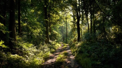 Obraz premium Woodland Path: Sunlight streams through a dense canopy of trees, illuminating a winding path that beckons the viewer to explore the heart of a vibrant forest.