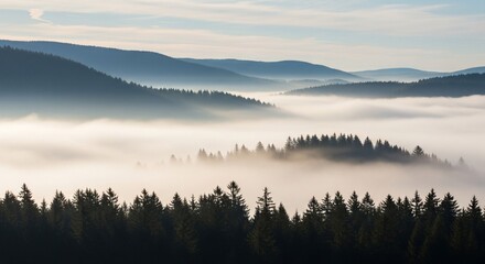 Fototapeta premium Misty Forest Landscape with Rolling Hills and Layered Mountain Ranges